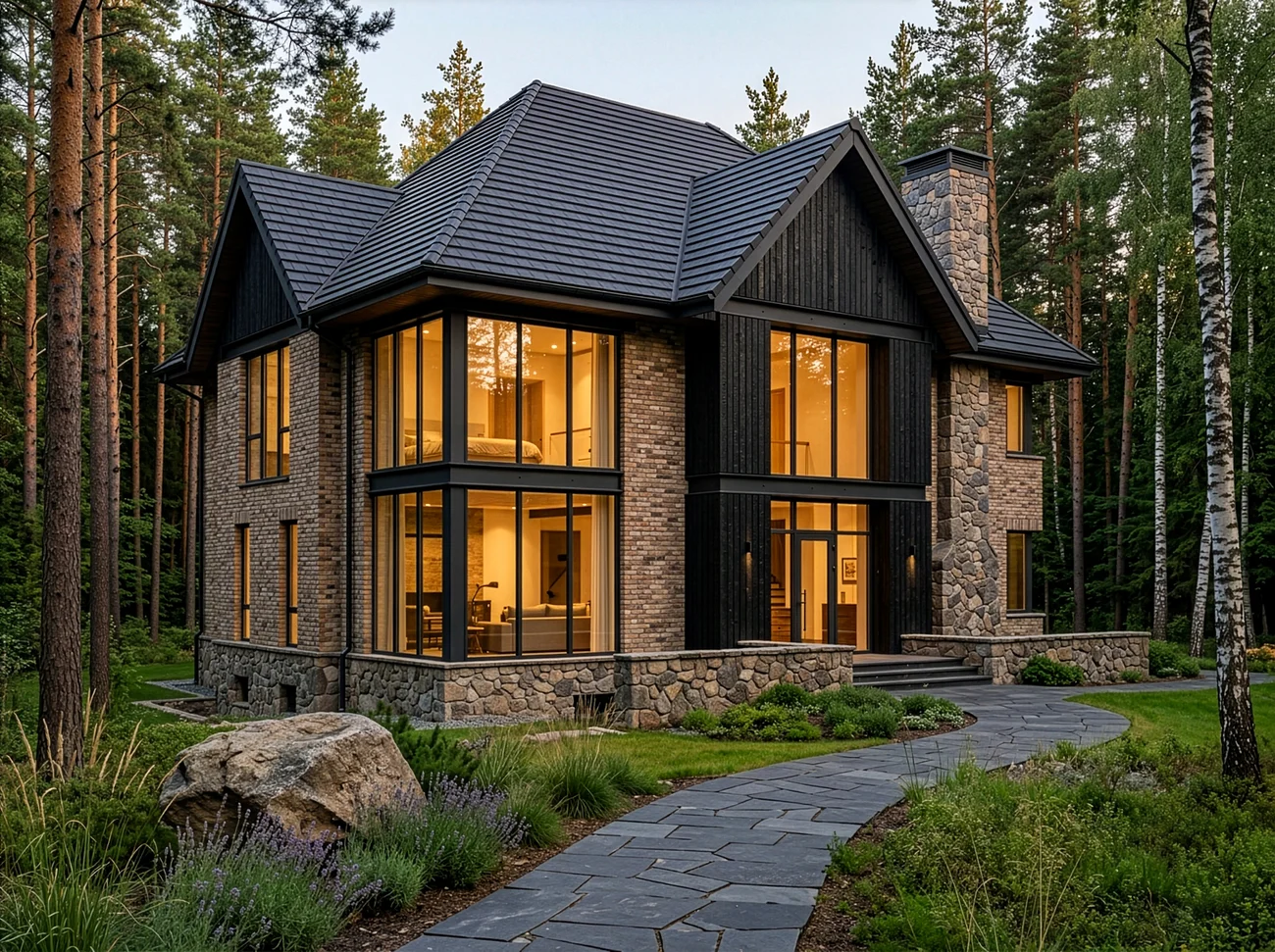 odern rustic – cegła w brązowym odcieniu, naturalny kamień i deski drewniane opalane